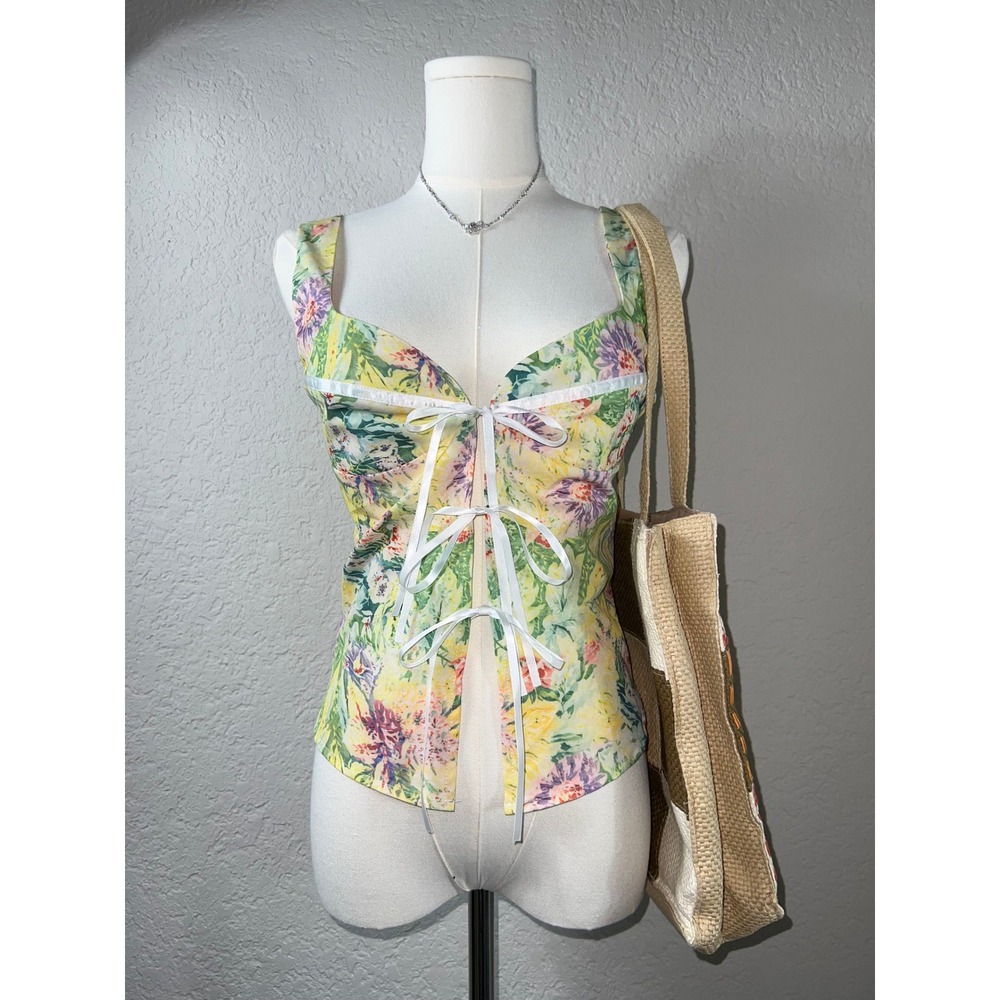 SHEIN Pastel Floral Bustier Tank Top Extra Small White Bow Accent Coquette